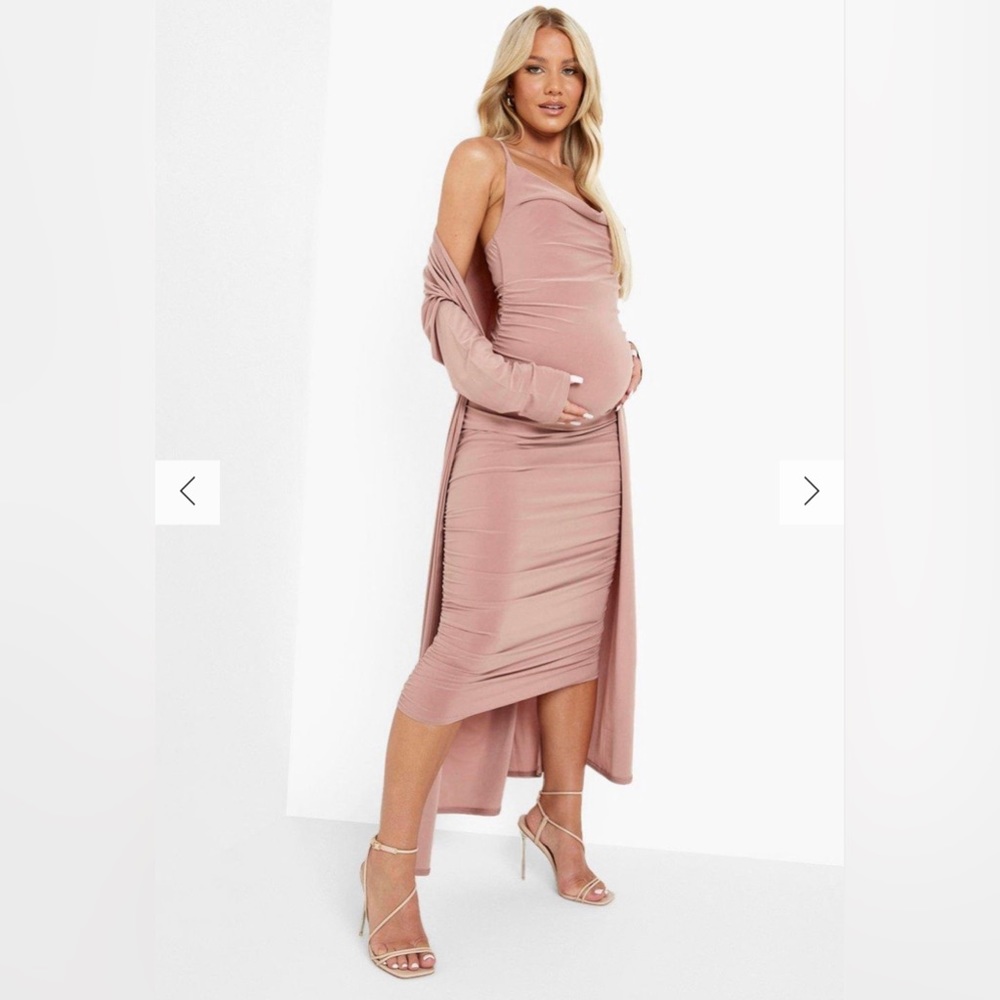 Boohoo Mauve Pink Maternity Midi Dress with Duster